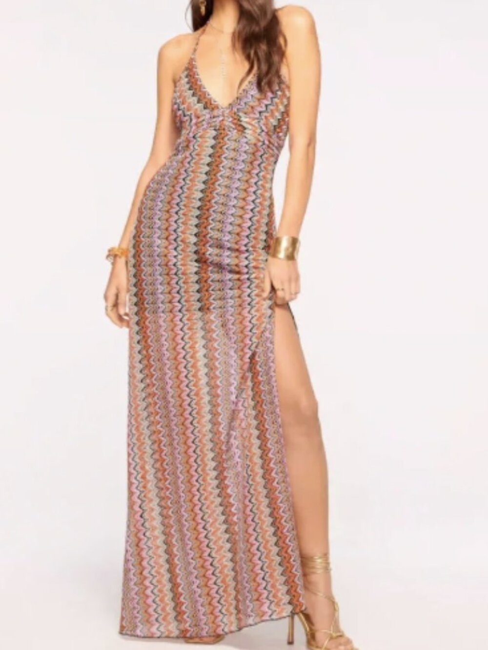 Ramy Brook Daphne Orange Purple Chevron Knit Halter Maxi Slit Dress 4